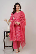 Vnyashri Pink Floral Printed Cotton Straight Kurta Pant Set with Dupatta