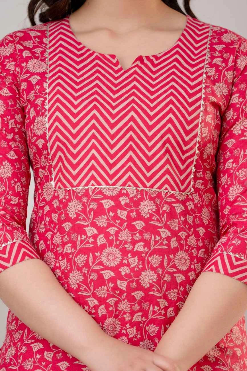 Vnyashri Pink Floral Printed Cotton Straight Kurta Pant Set with Dupatta