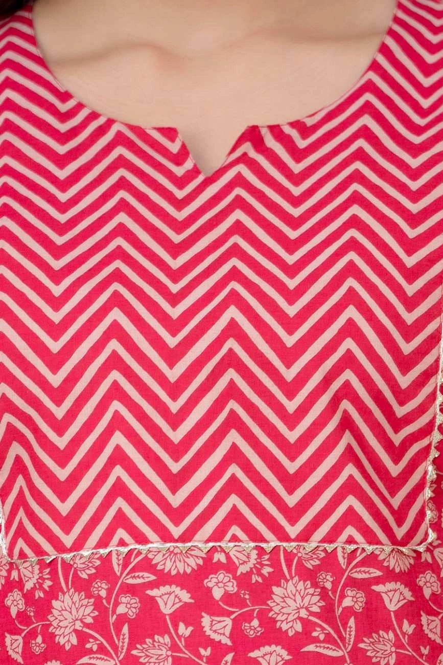 Vnyashri Pink Floral Printed Cotton Straight Kurta Pant Set with Dupatta
