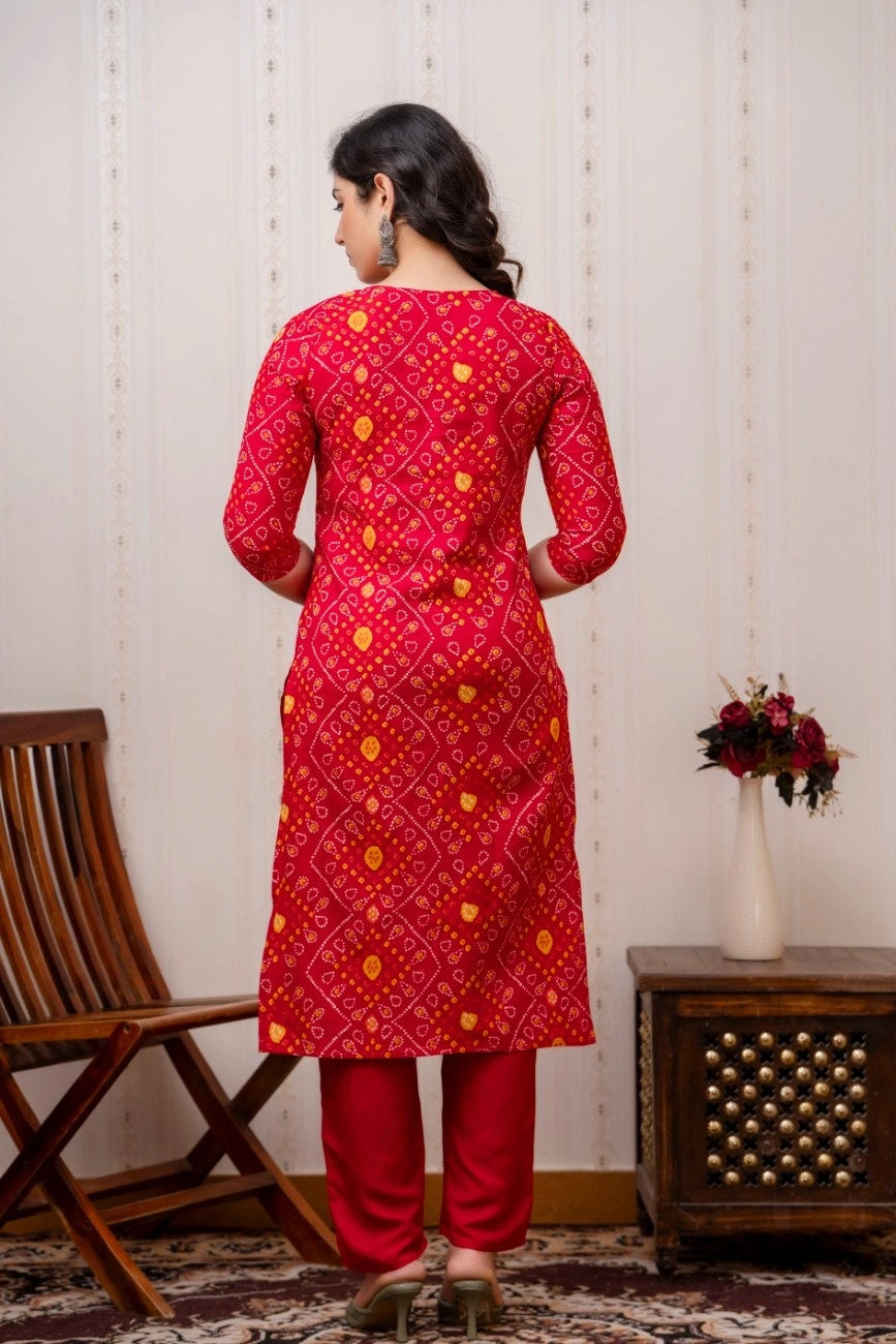 Vnyashri Red Bandhani Printed Straight Kurta Pant Set with Dupatta