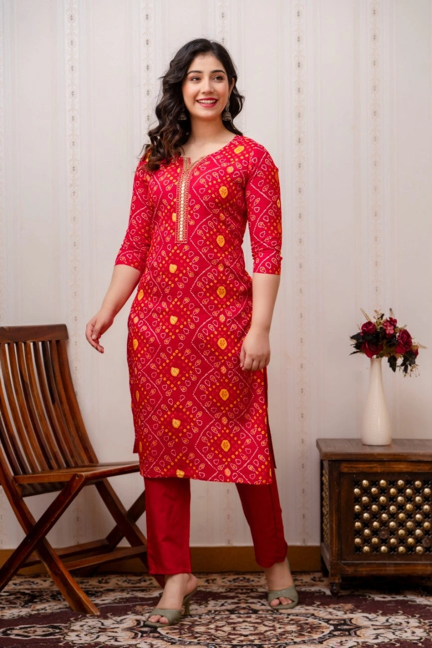Vnyashri Red Bandhani Printed Straight Kurta Pant Set with Dupatta