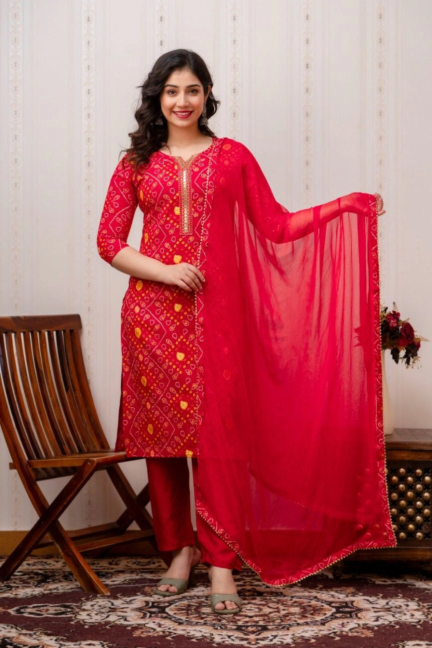 Vnyashri Red Bandhani Printed Straight Kurta Pant Set with Dupatta