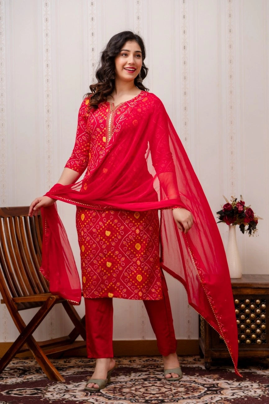 Vnyashri Red Bandhani Printed Straight Kurta Pant Set with Dupatta