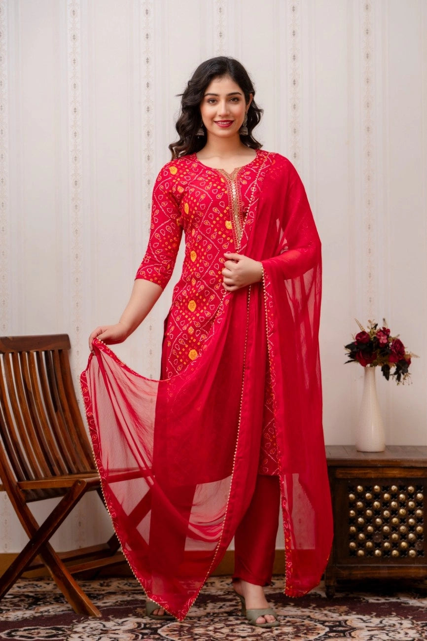 Vnyashri Red Bandhani Printed Straight Kurta Pant Set with Dupatta