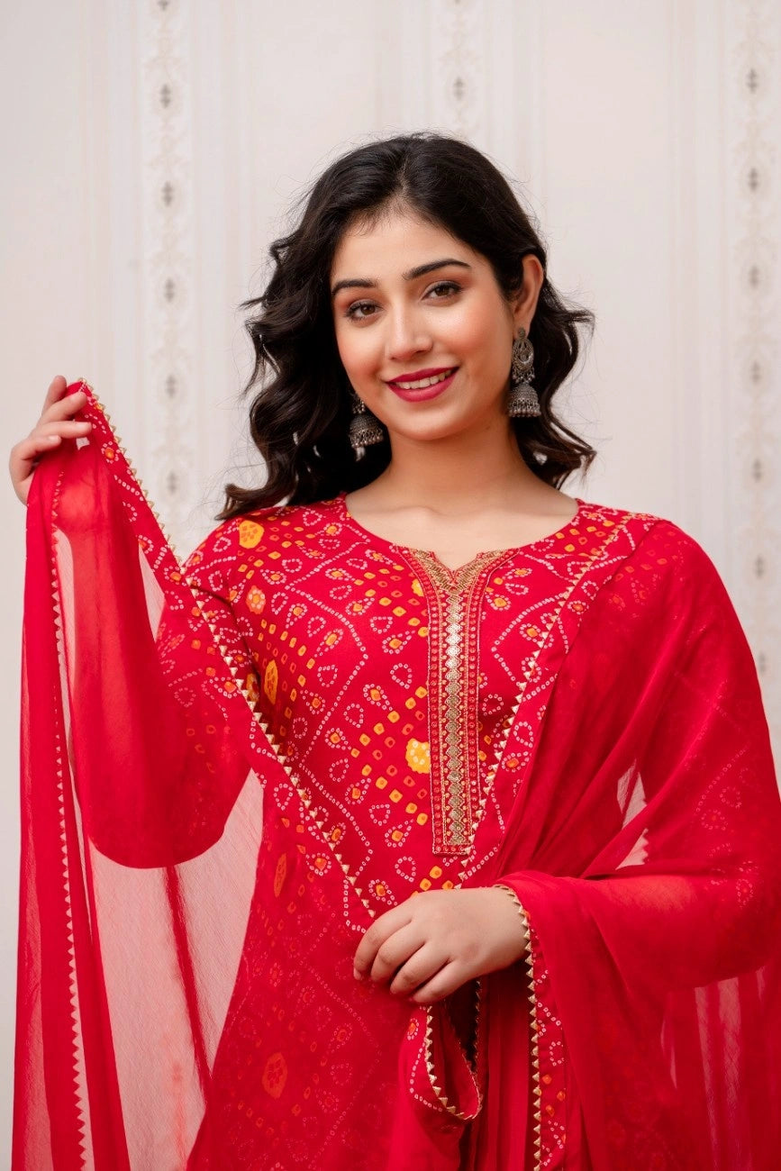 Vnyashri Red Bandhani Printed Straight Kurta Pant Set with Dupatta
