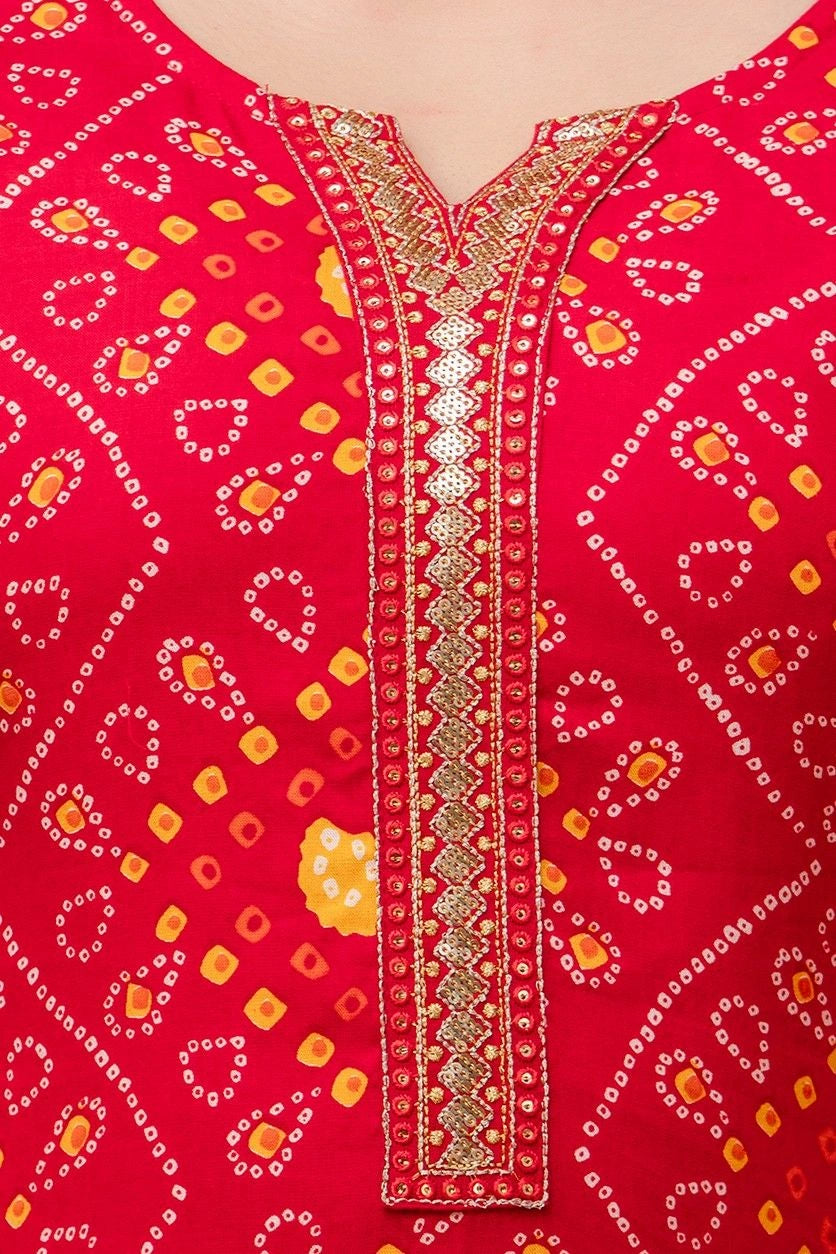 Vnyashri Red Bandhani Printed Straight Kurta Pant Set with Dupatta
