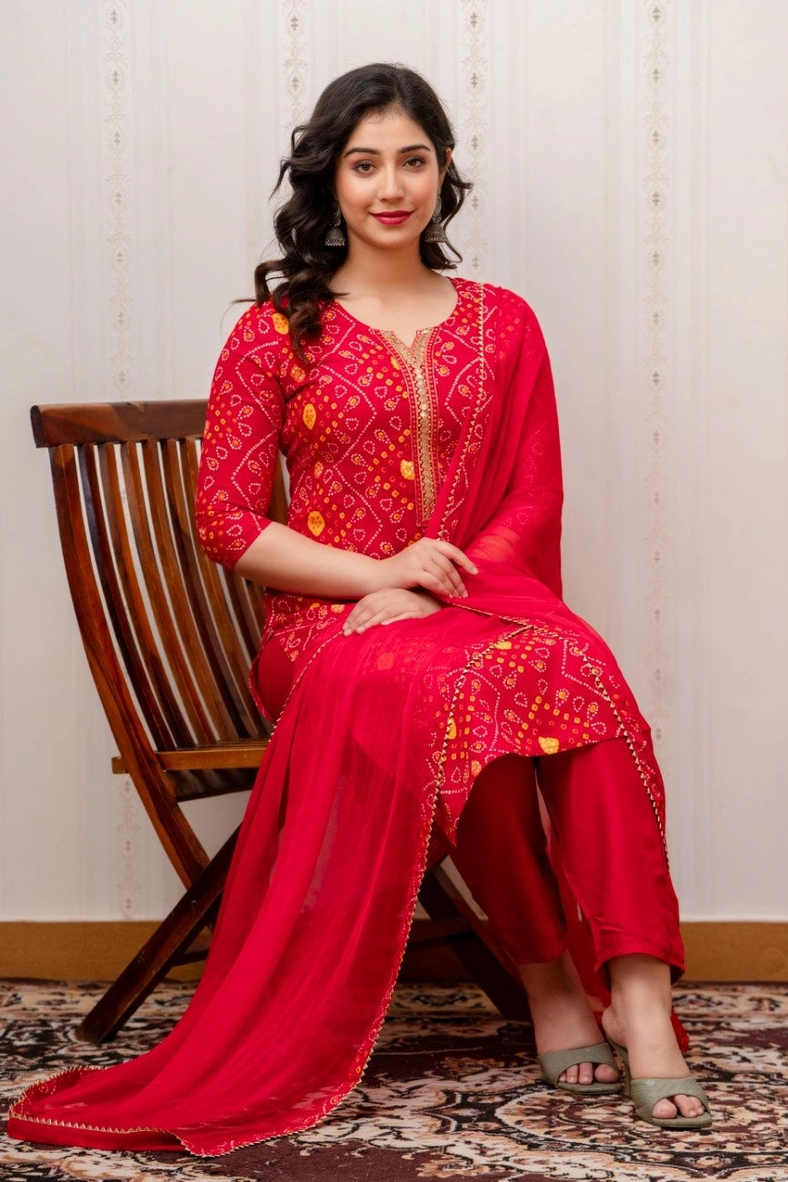 Vnyashri Red Bandhani Printed Straight Kurta Pant Set with Dupatta