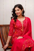 Vnyashri Red Bandhani Printed Straight Kurta Pant Set with Dupatta