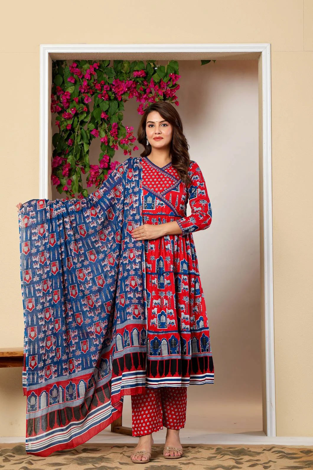 Vnyashri Red Ethnic Motifs Printed Anarkali Kurta with Trousers & Dupatta
