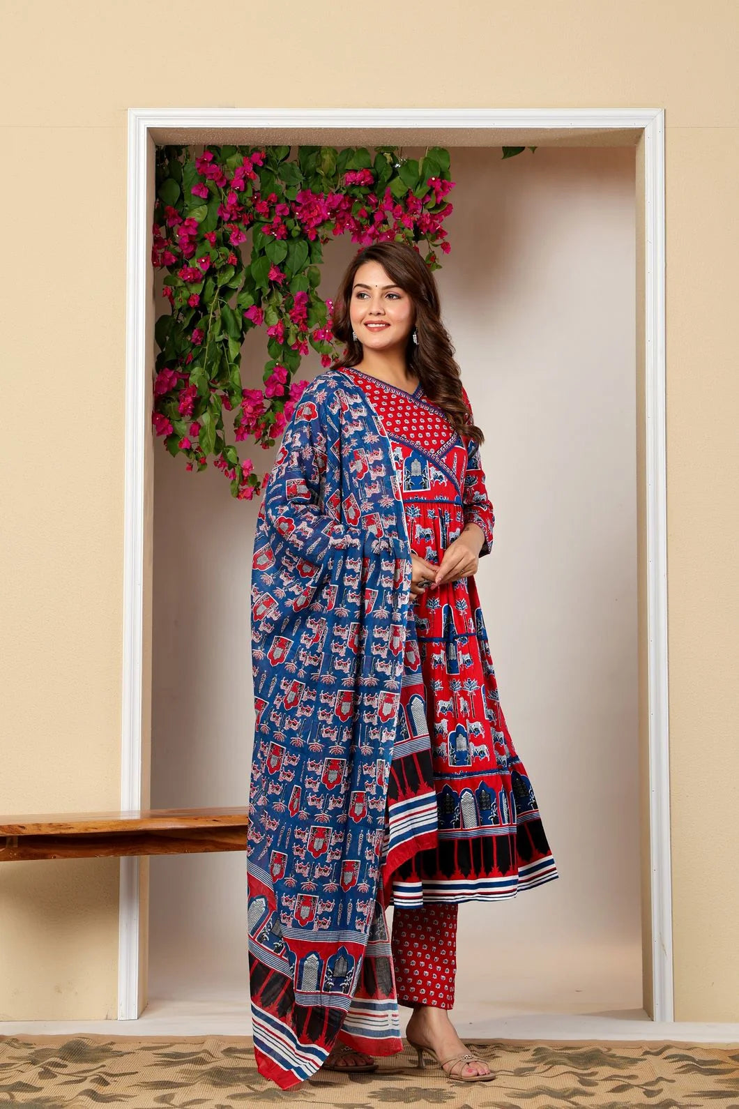 Vnyashri Red Ethnic Motifs Printed Anarkali Kurta with Trousers & Dupatta
