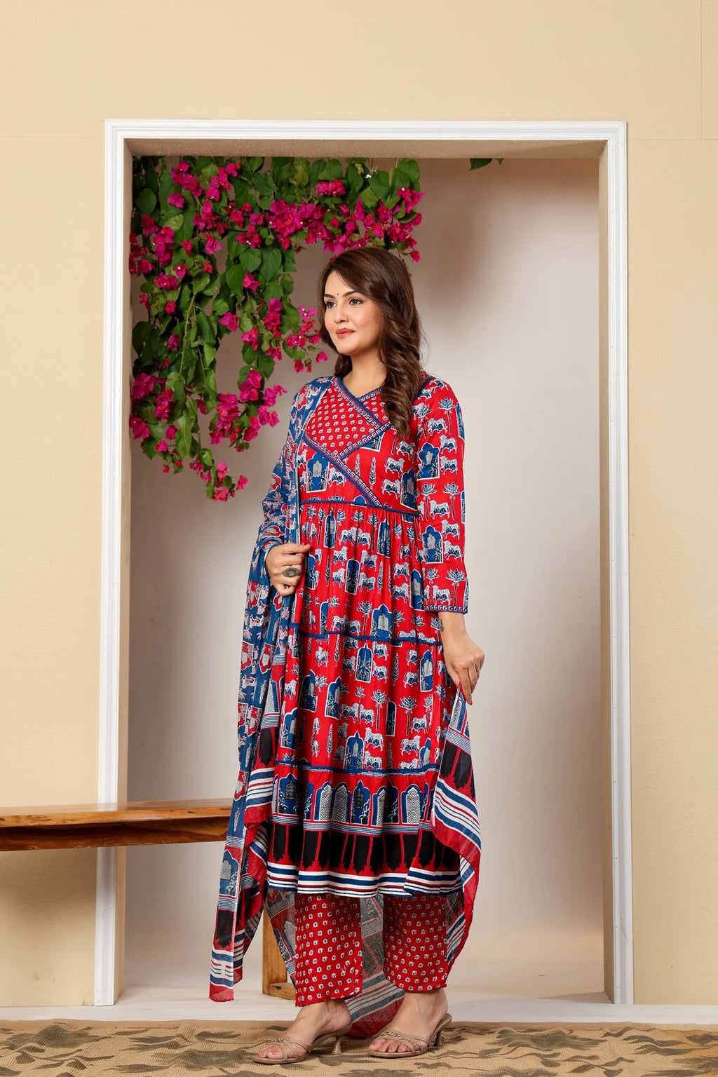 Vnyashri Red Ethnic Motifs Printed Anarkali Kurta with Trousers & Dupatta