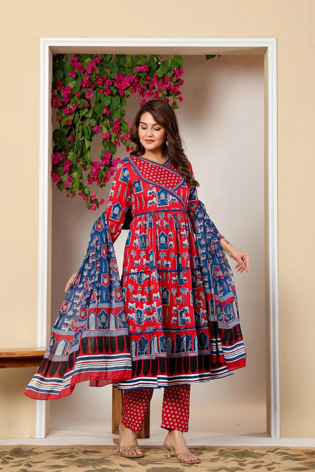 Vnyashri Red Ethnic Motifs Printed Anarkali Kurta with Trousers & Dupatta