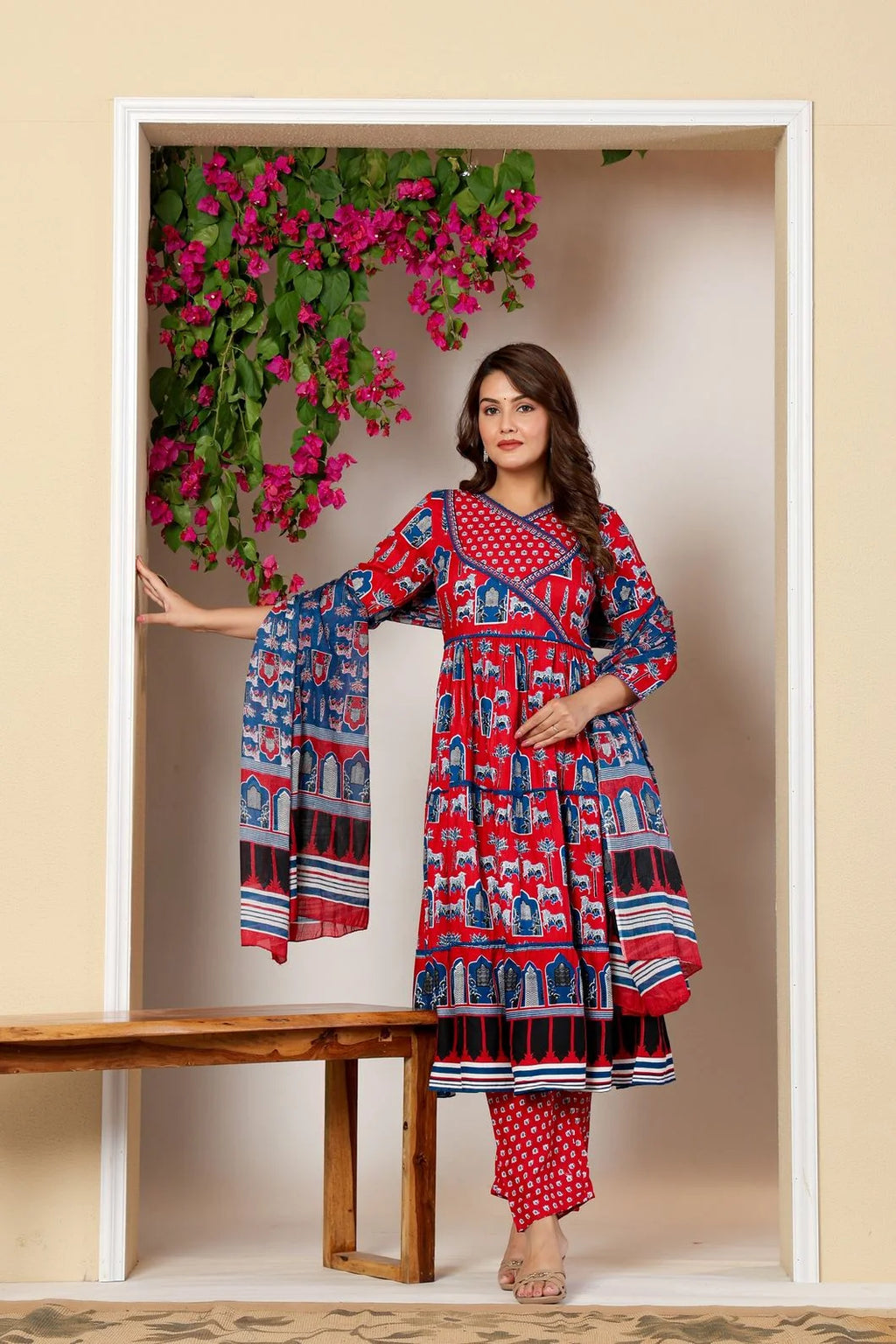Vnyashri Red Ethnic Motifs Printed Anarkali Kurta with Trousers & Dupatta