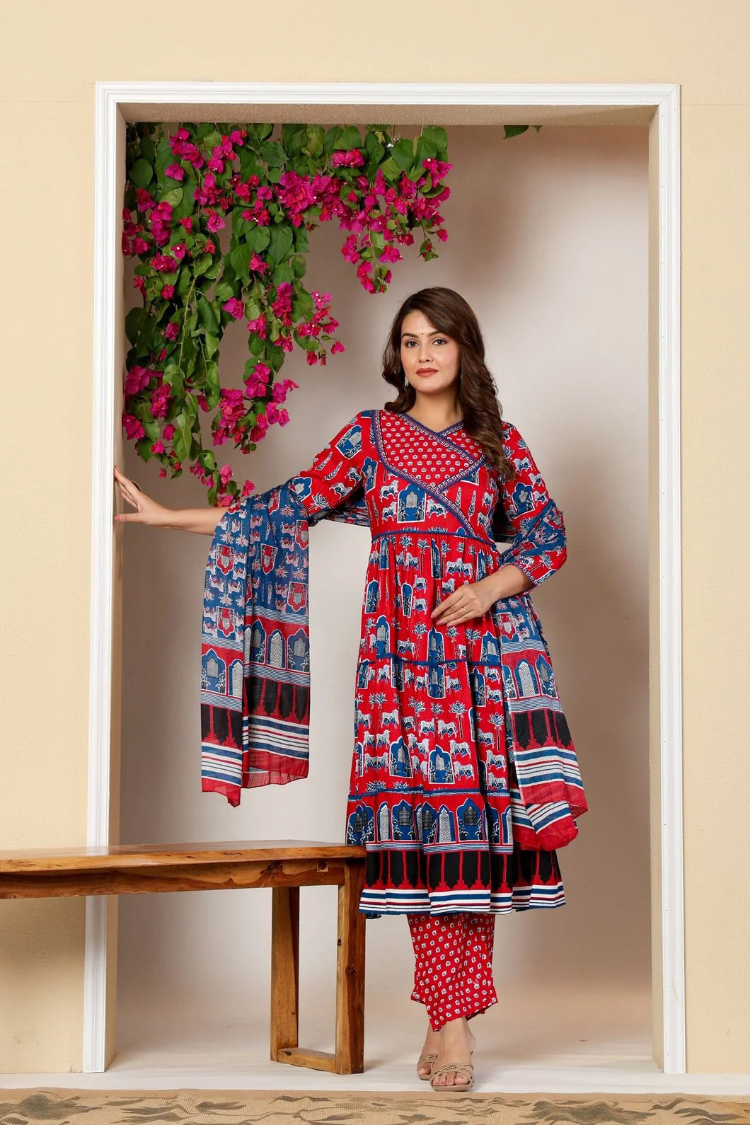 Vnyashri Red Ethnic Motifs Printed Anarkali Kurta with Trousers & Dupatta