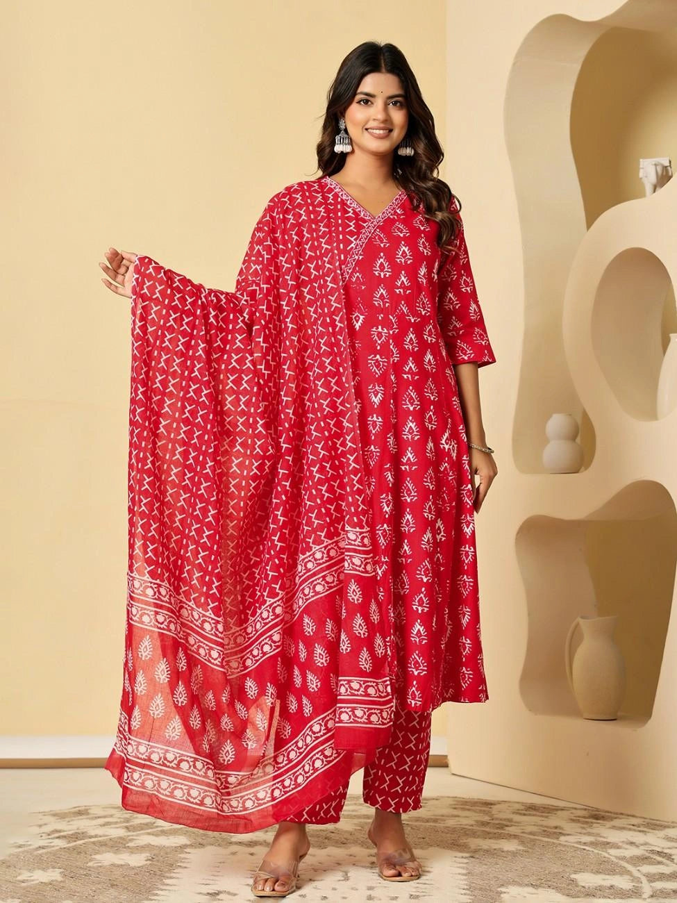 Vnyashri Red Ethnic Motifs Printed Angrakha Kurta Pant Set with Dupatta