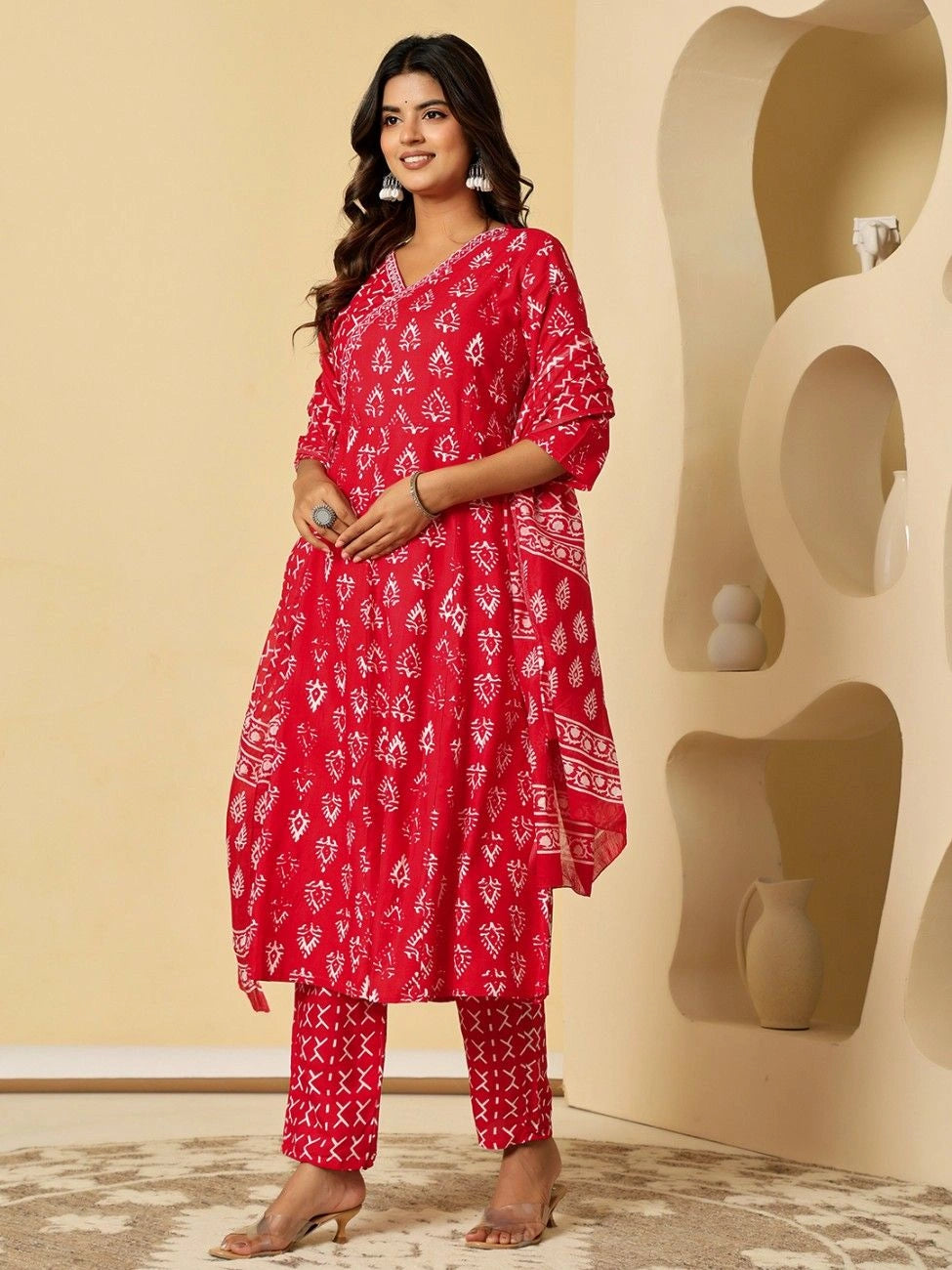 Vnyashri Red Ethnic Motifs Printed Angrakha Kurta Pant Set with Dupatta