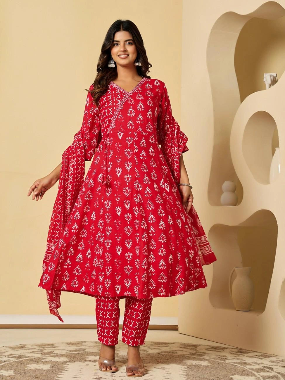 Vnyashri Red Ethnic Motifs Printed Angrakha Kurta Pant Set with Dupatta