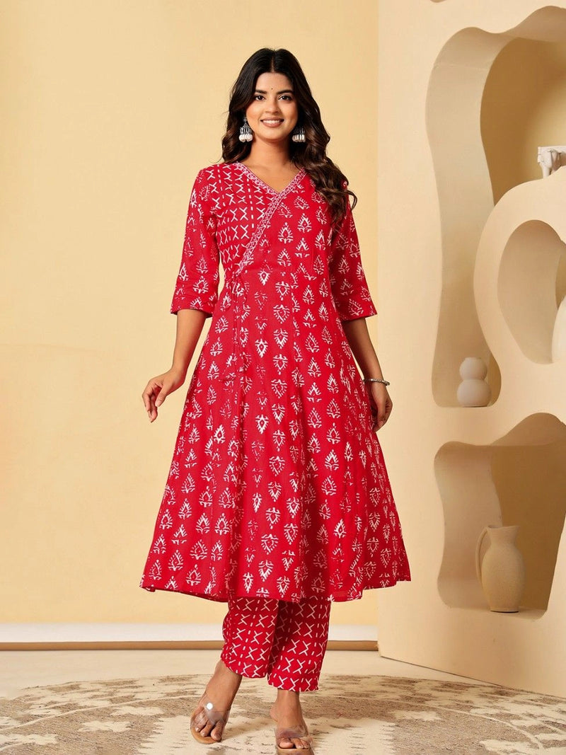 Vnyashri Red Ethnic Motifs Printed Angrakha Kurta Pant Set with Dupatta