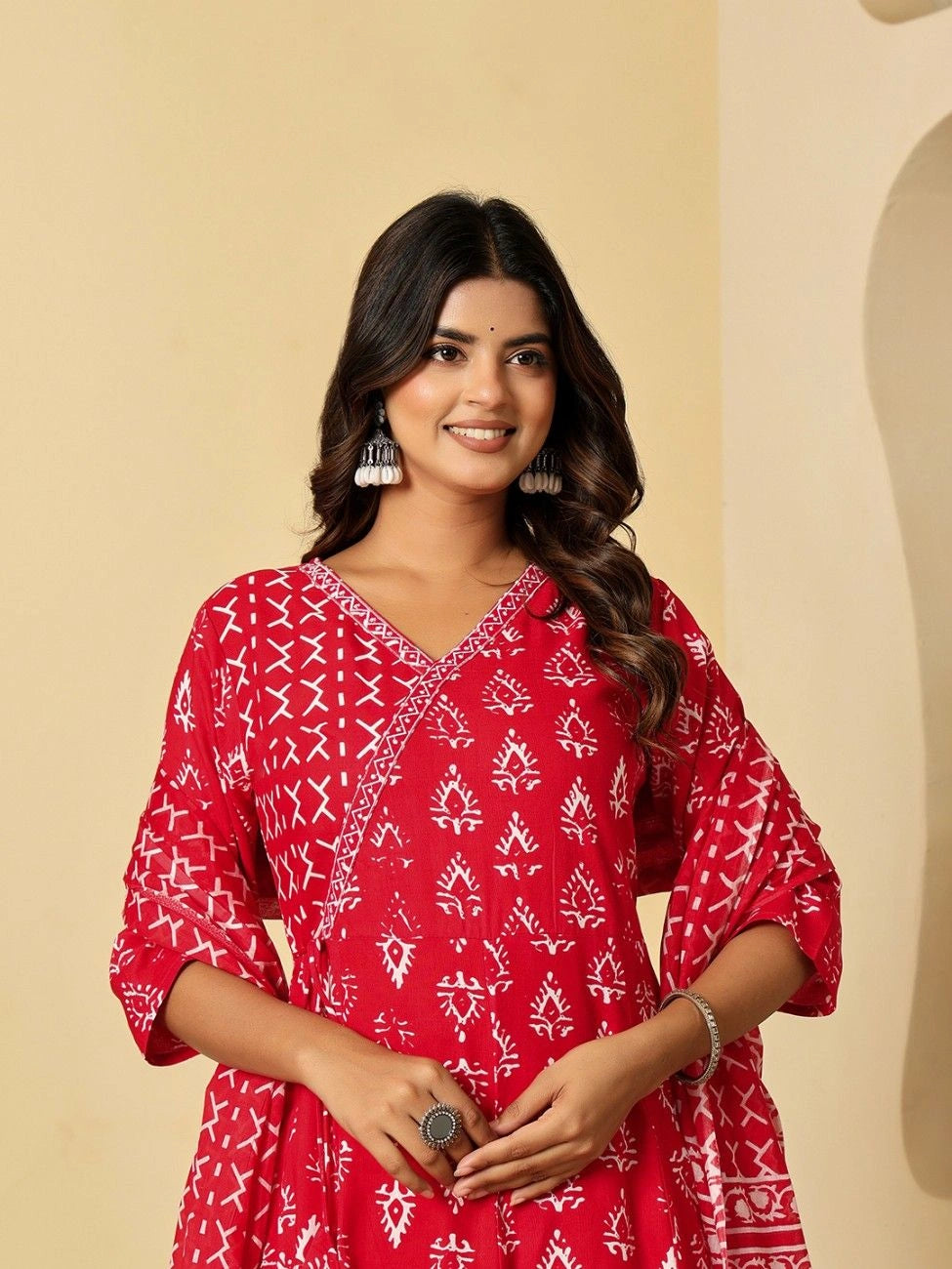Vnyashri Red Ethnic Motifs Printed Angrakha Kurta Pant Set with Dupatta