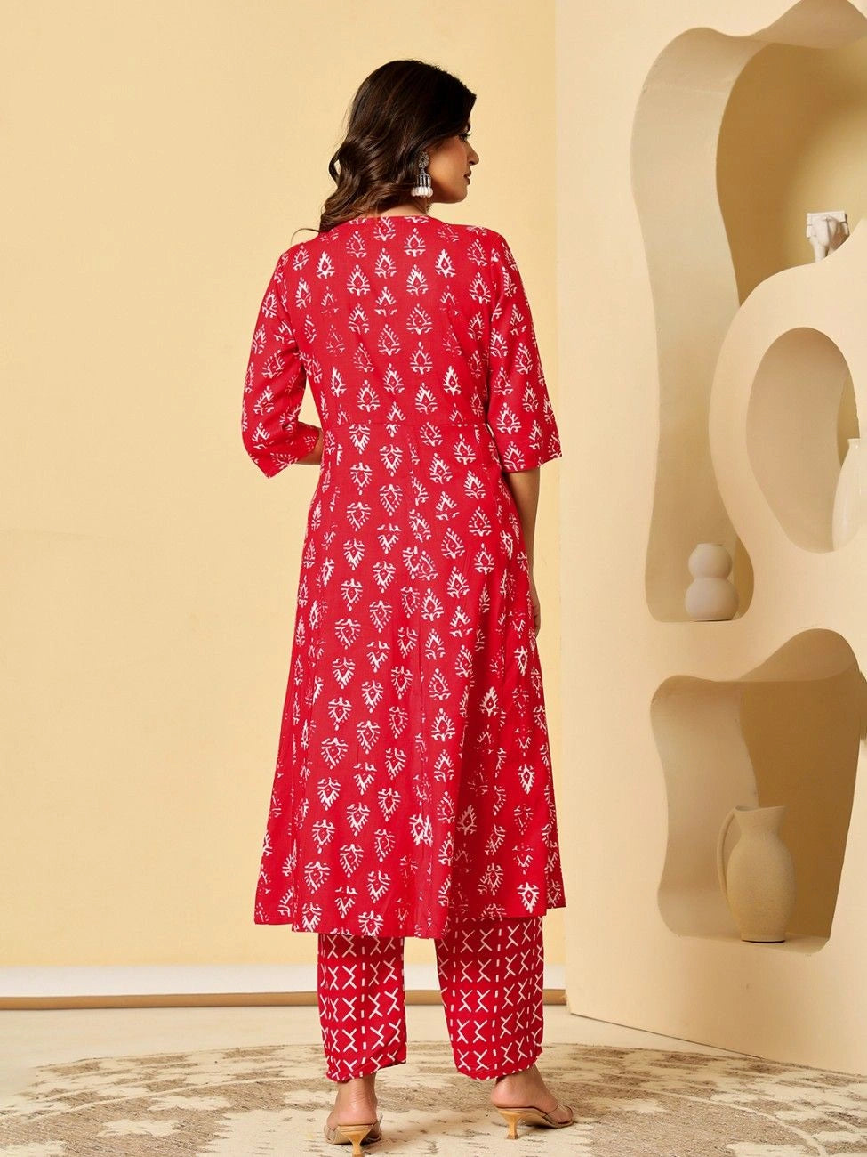 Vnyashri Red Ethnic Motifs Printed Angrakha Kurta Pant Set with Dupatta