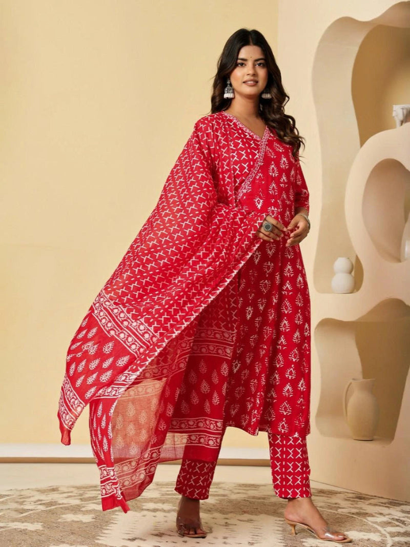 Vnyashri Red Ethnic Motifs Printed Angrakha Kurta Pant Set with Dupatta