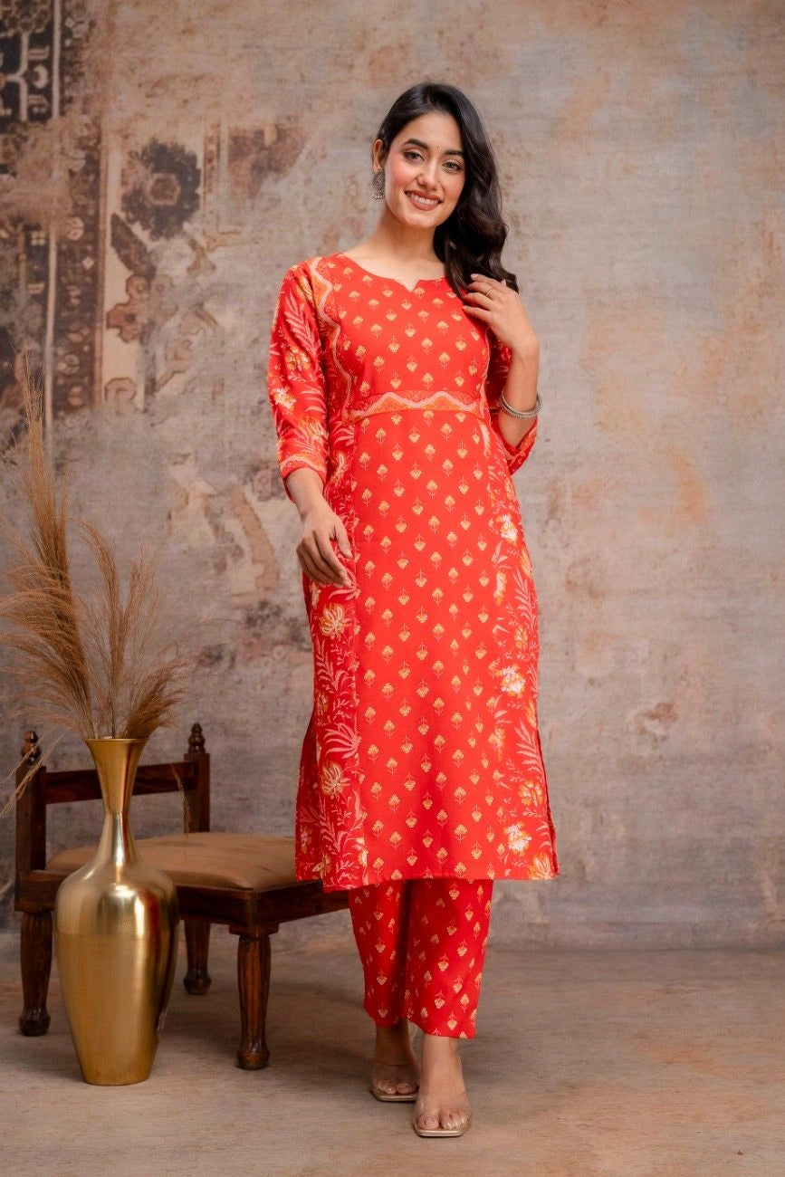 Vnyshri Red Floral Printed Straight Kurta Trousers Set with Dupatta