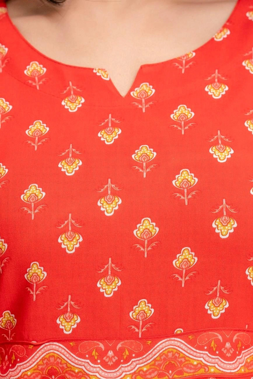 Vnyshri Red Floral Printed Straight Kurta Trousers Set with Dupatta