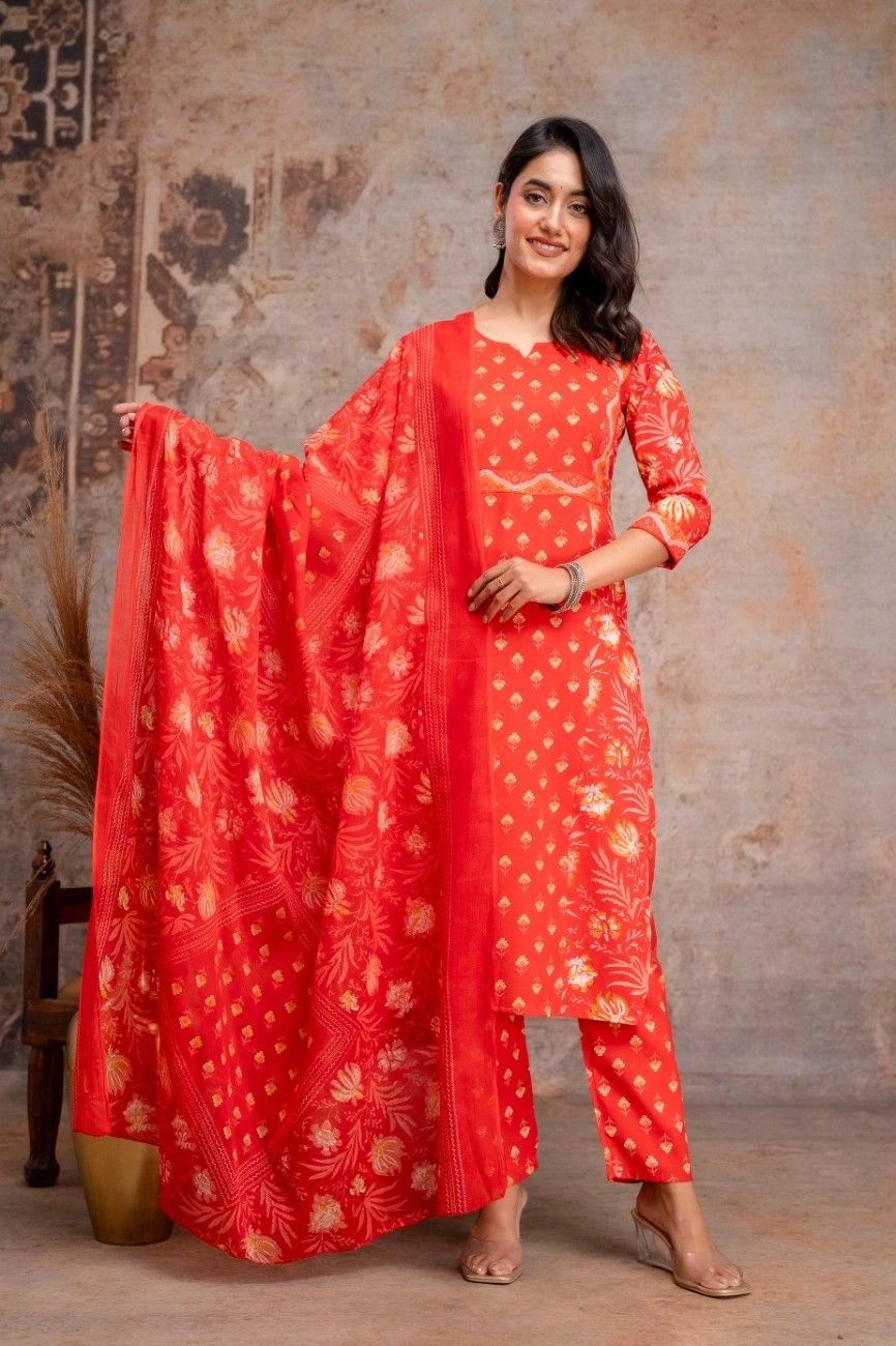 Vnyshri Red Floral Printed Straight Kurta Trousers Set with Dupatta