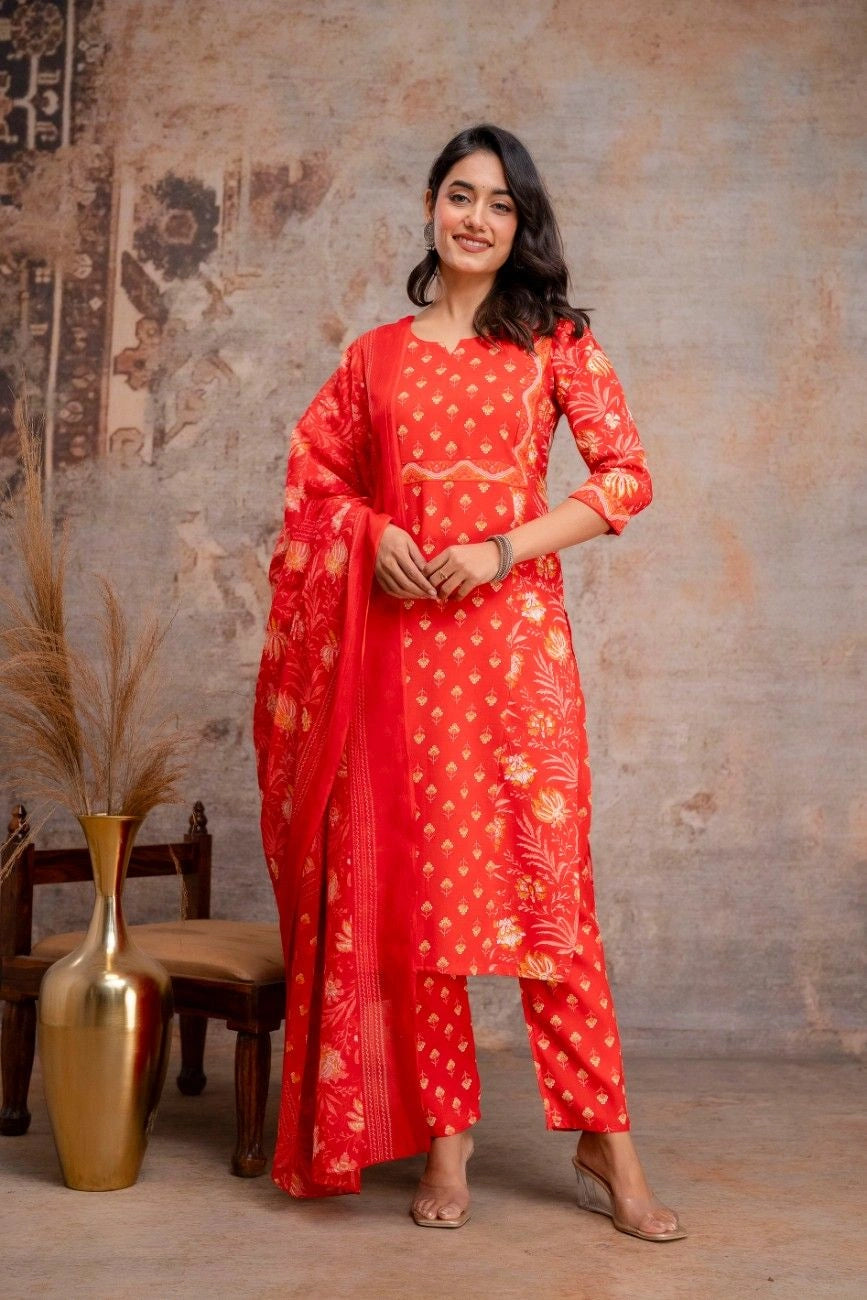 Vnyshri Red Floral Printed Straight Kurta Trousers Set with Dupatta