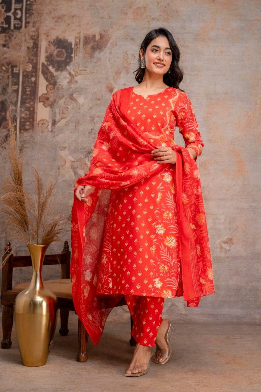 Vnyshri Red Floral Printed Straight Kurta Trousers Set with Dupatta