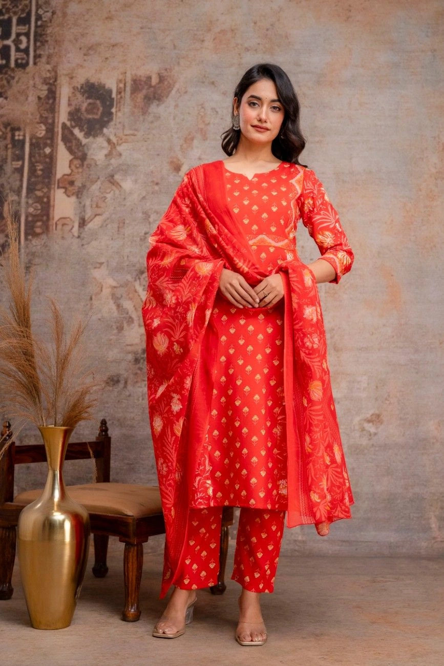 Vnyshri Red Floral Printed Straight Kurta Trousers Set with Dupatta
