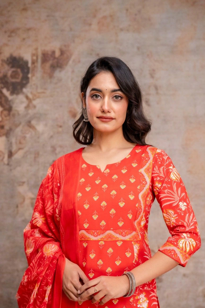 Vnyshri Red Floral Printed Straight Kurta Trousers Set with Dupatta