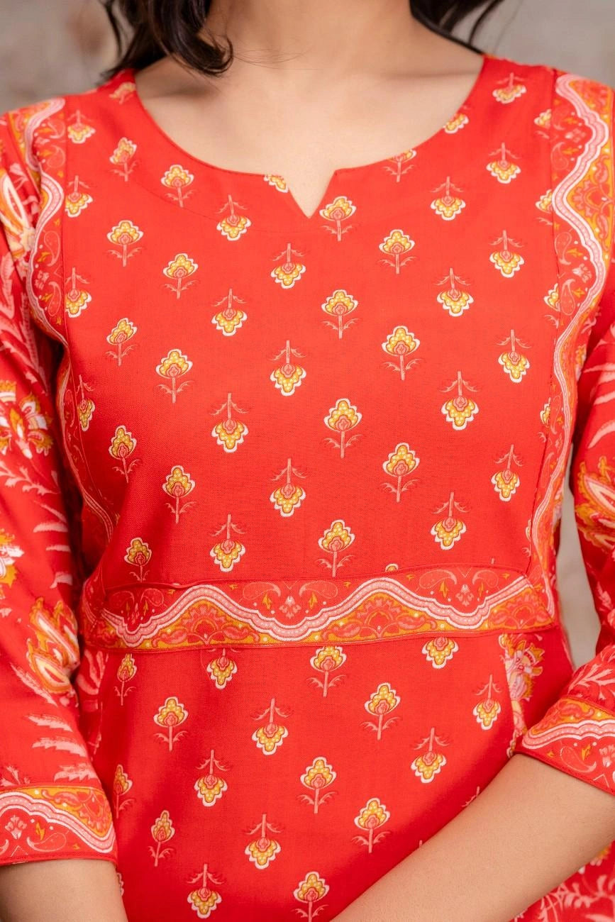 Vnyshri Red Floral Printed Straight Kurta Trousers Set with Dupatta