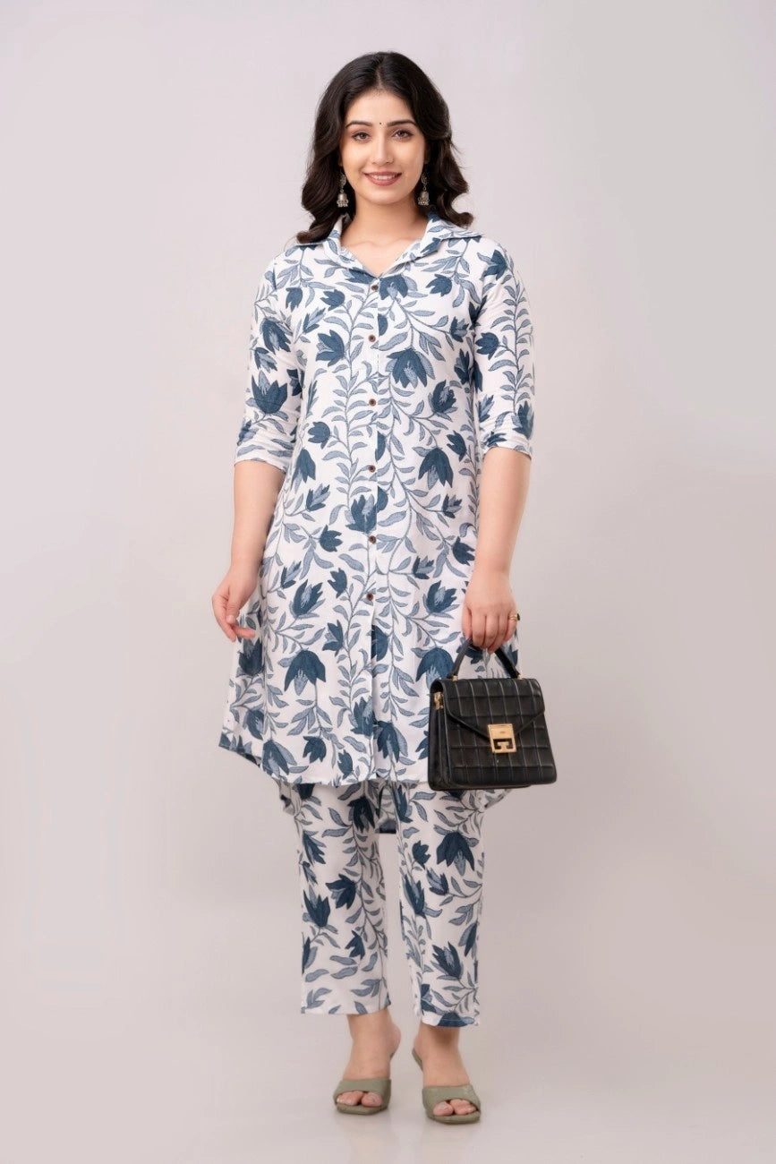 Vnyashri White Elegant Floral Printed Rayon Co-ord Set
