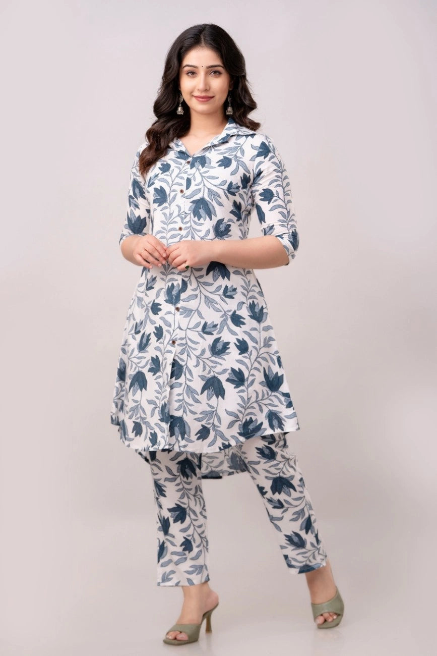 Vnyashri White Elegant Floral Printed Rayon Co-ord Set