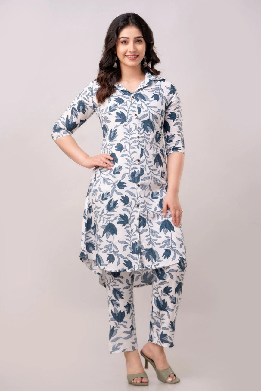 Vnyashri White Elegant Floral Printed Rayon Co-ord Set