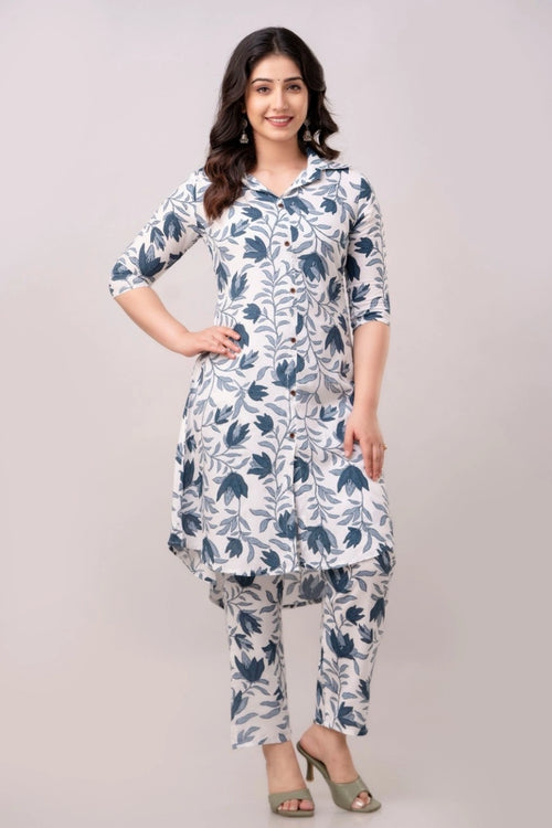 Vnyashri White Elegant Floral Printed Rayon Co-ord Set