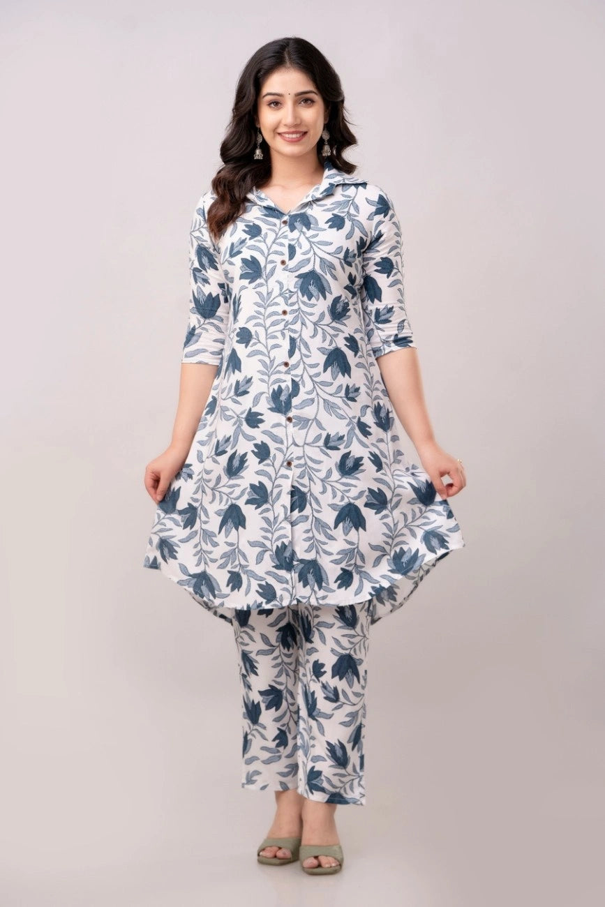 Vnyashri White Elegant Floral Printed Rayon Co-ord Set