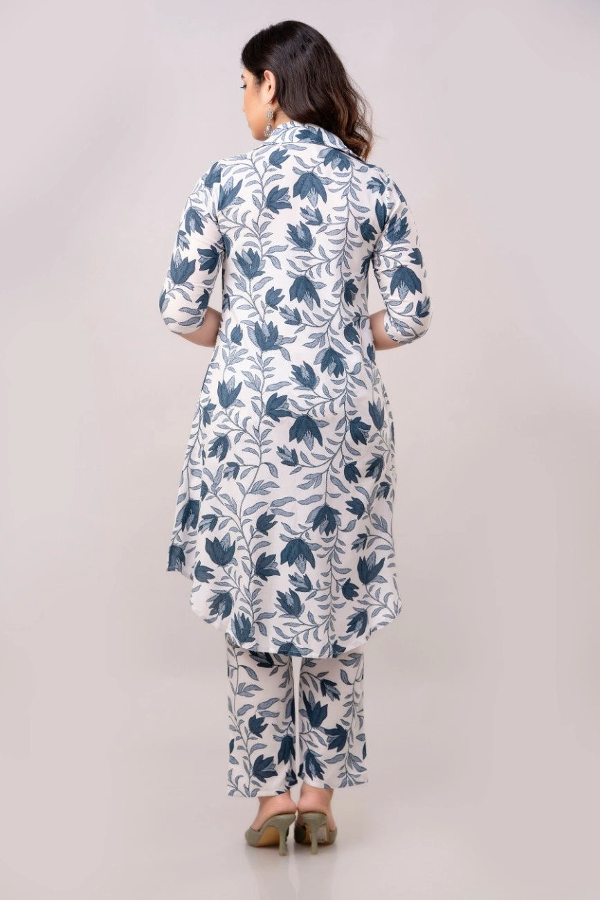 Vnyashri White Elegant Floral Printed Rayon Co-ord Set