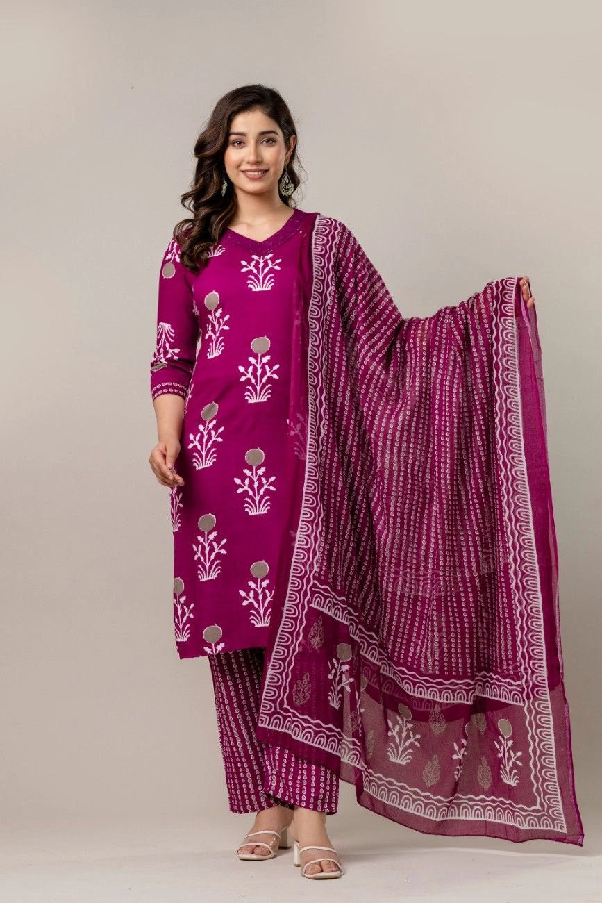 Vnyashri Purple Floral Printed Straight Kurta Pant Set with Dupatta