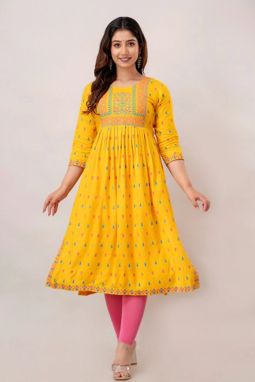  Vnyashri Yellow Floral Printed Anarkali Kurta
