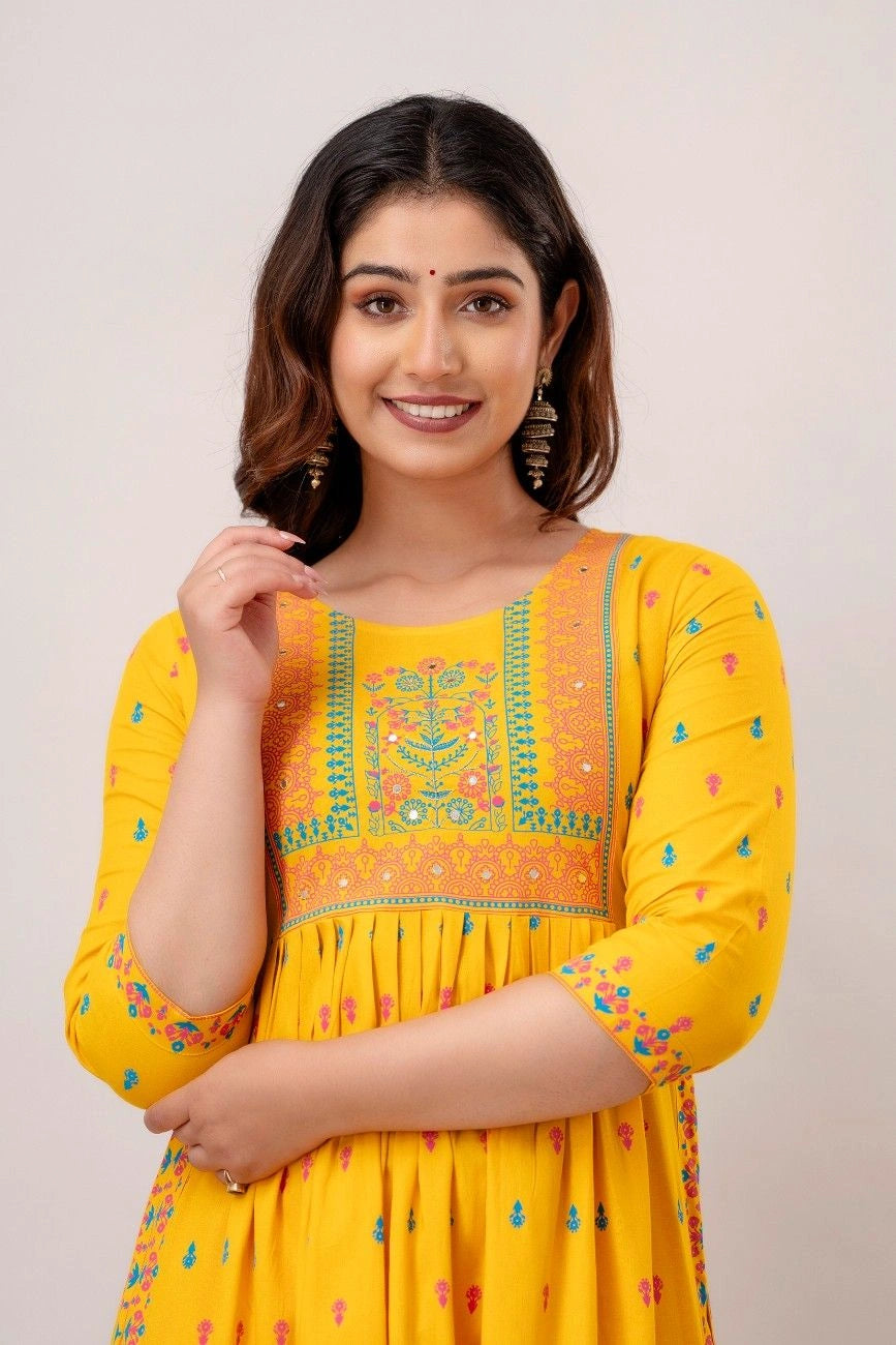  Vnyashri Yellow Floral Printed Anarkali Kurta