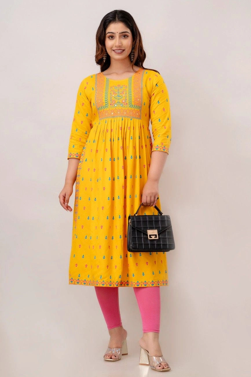 Vnyashri Yellow Floral Printed Anarkali Kurta