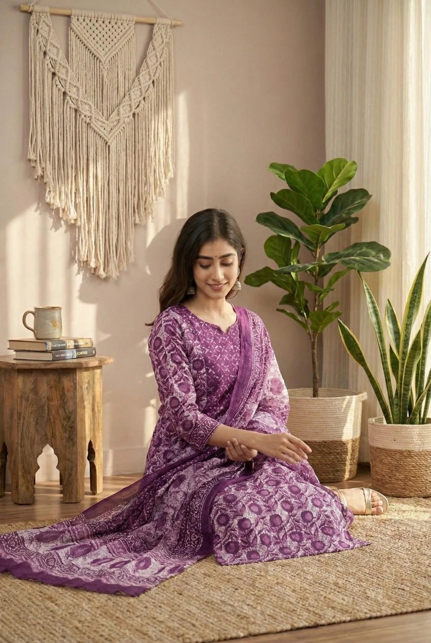 Vnyashri Floral Printed Cotton Straight Kurta Pant Set with Dupatta