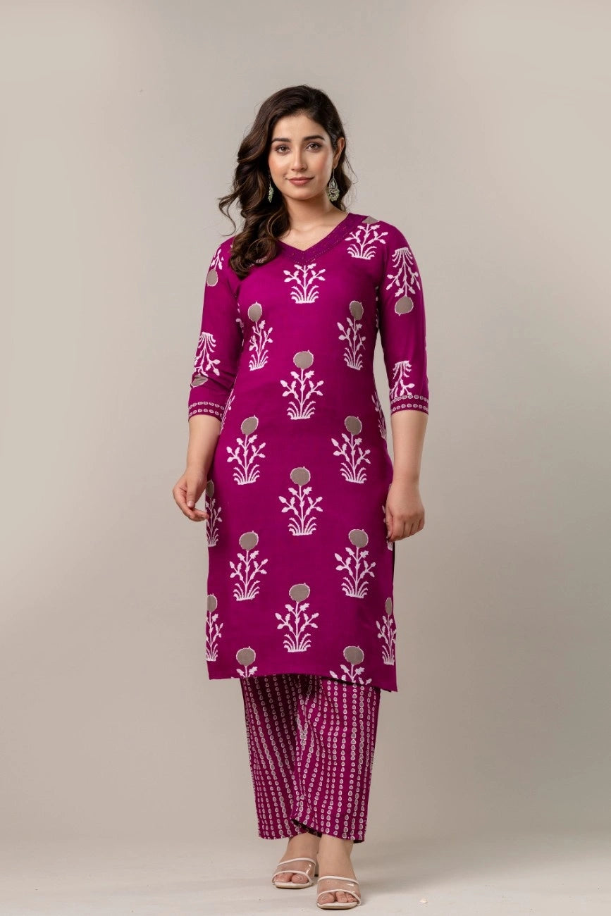 Wine Floral Printed Straight Kurta Pantr Set with Dupatta