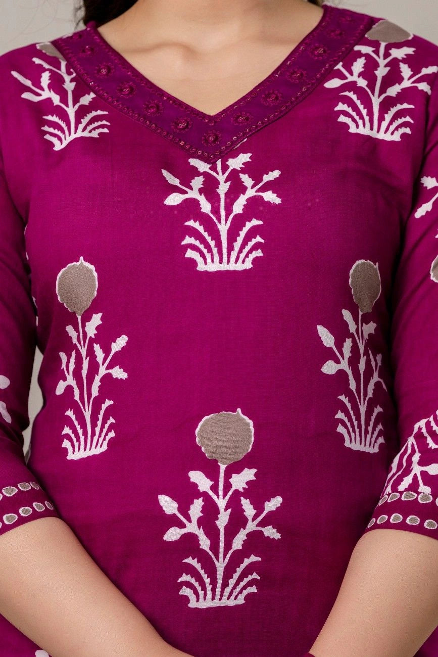 Wine Floral Printed Straight Kurta Pantr Set with Dupatta