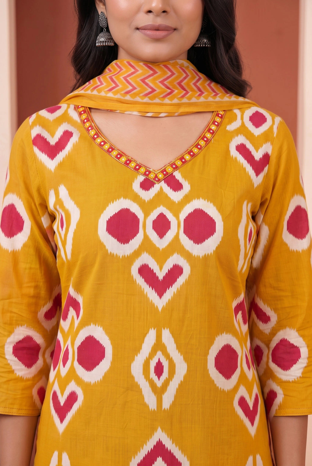 Mustard Ikat Printed Straight Kurta Set with Embroidered V-Neck, Pant & Dupatta
