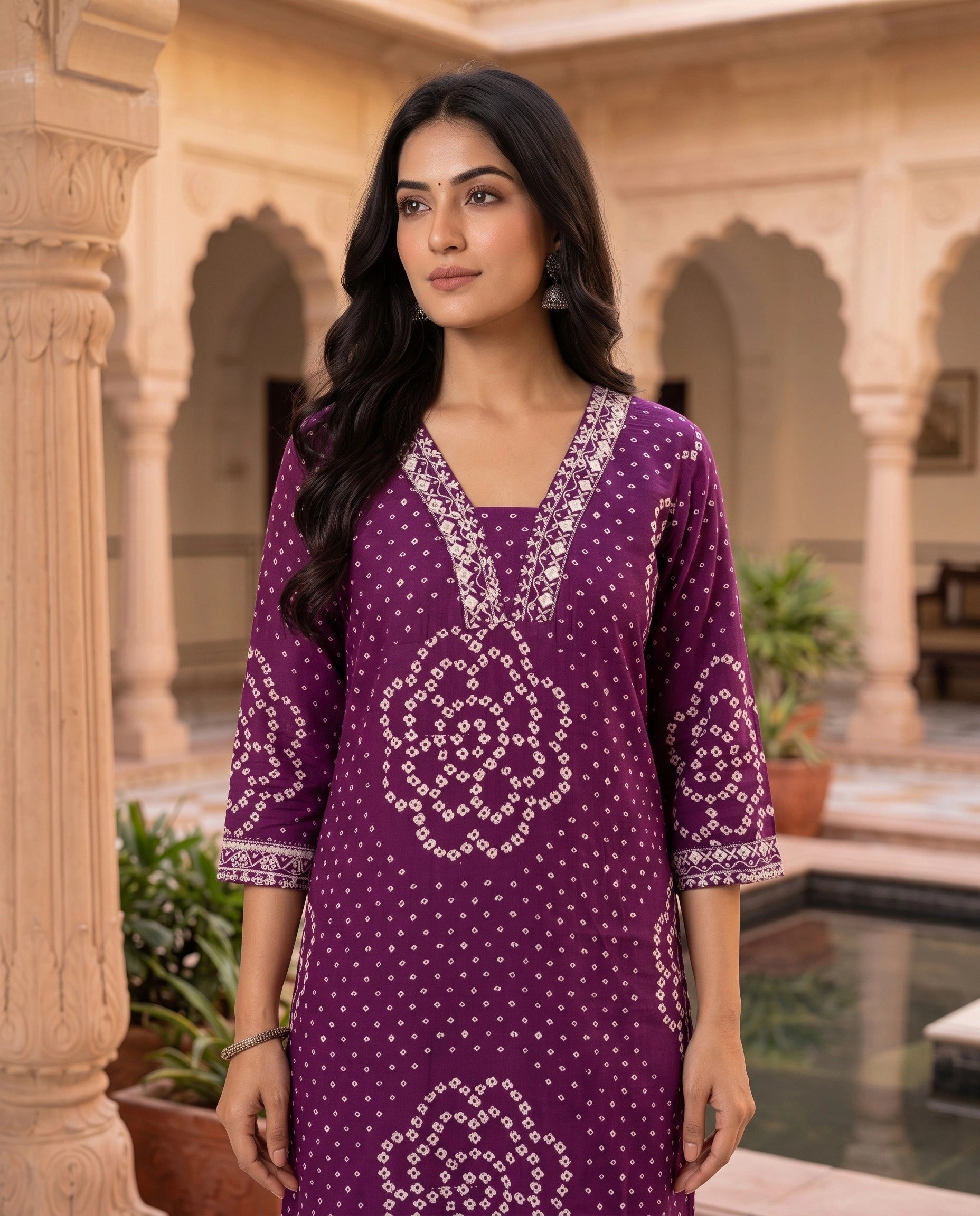 Ethnic Bandhej and Lehriya Printed Straight Kurta Palazzo Set with Dupatta