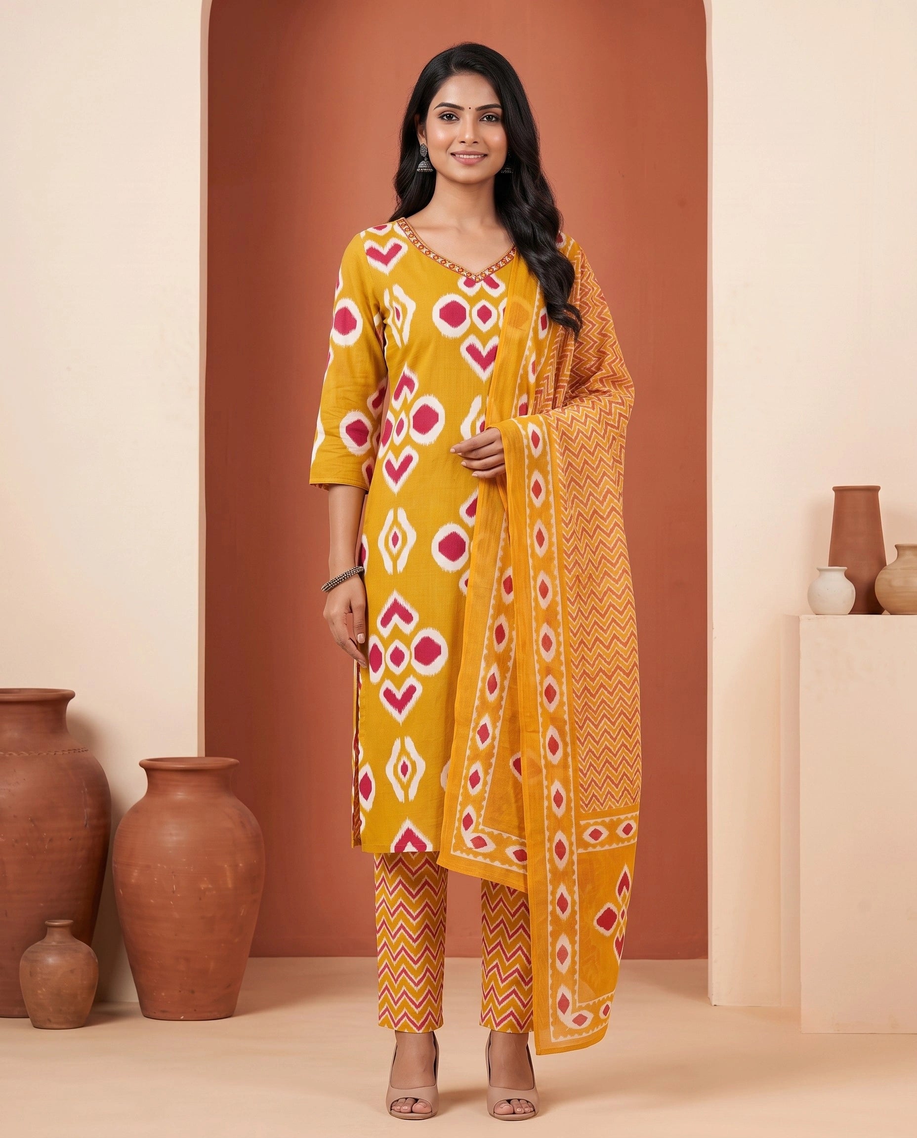 Mustard Ikat Printed Straight Kurta Set with Embroidered V-Neck, Pant & Dupatta